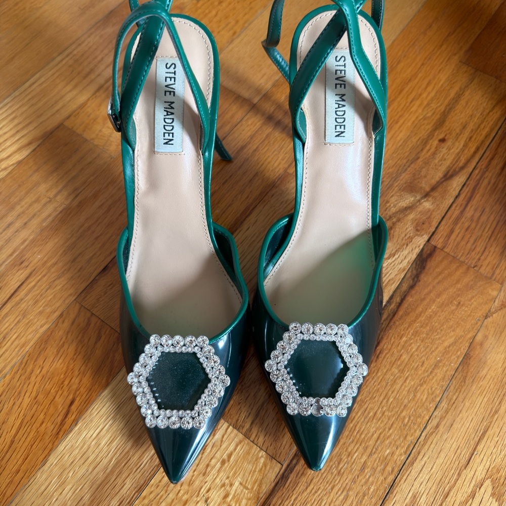Steve Madden Teal Pointed Slingback Pumps with Rhinestone Hex Buckle